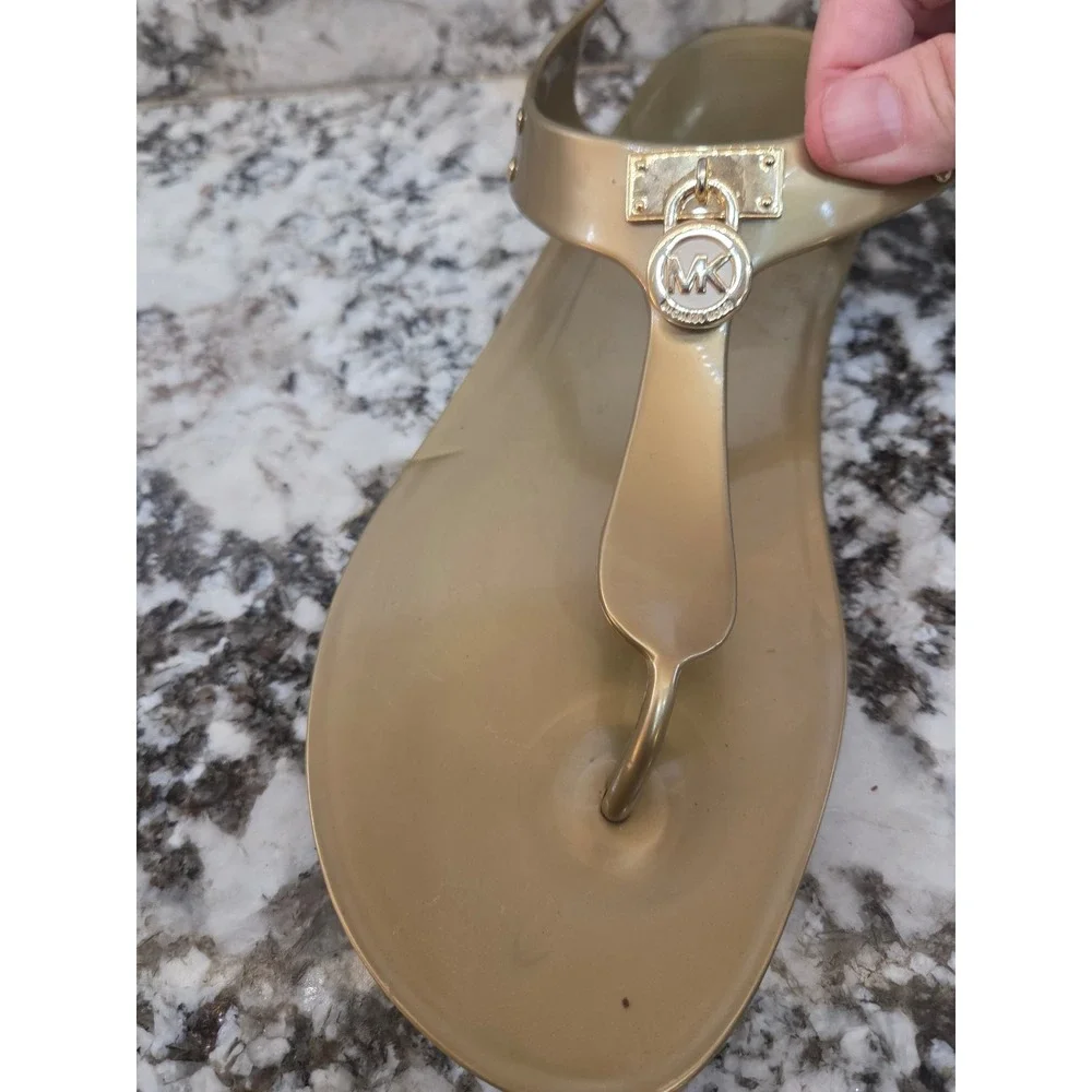 Michael Kors Gold Jelly Sandals MK Logo Lock Charm Thong Slingback 10M R116JI